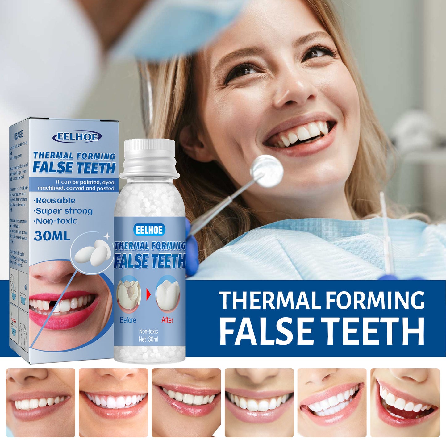 Dentaduras de gel moldáveis EELHOE, obturações temporárias, cáries e restaurações dentárias, kit de obturação dentária temporária, dentadura falsa oral